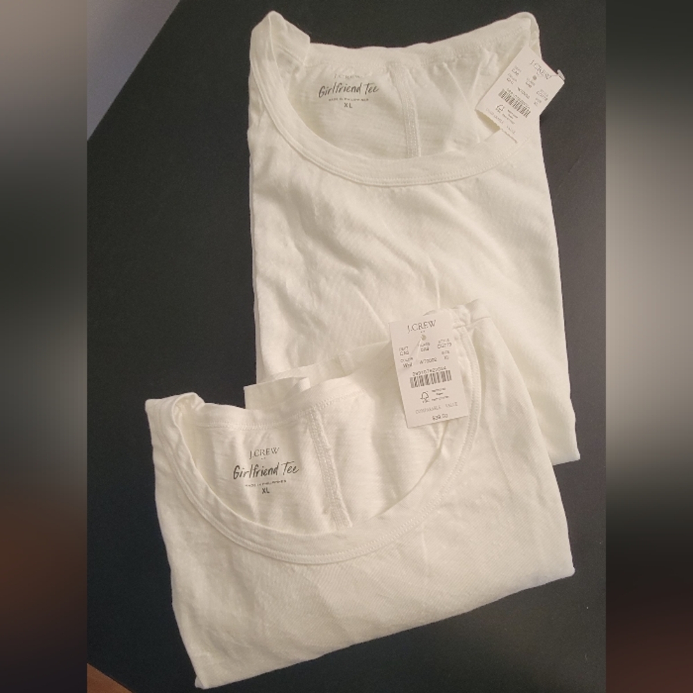 Two J. Crew White Short-Sleeve Girlfriend Crewneck Tee Shirts